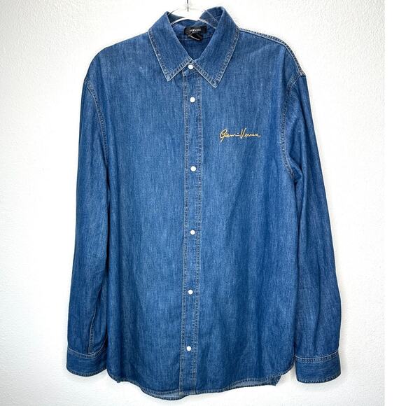 Versace Blue Denim Long Sleeve Pearl Snap Yellow Versace Logo Shirt 41 / Medium - Picture 2 of 16